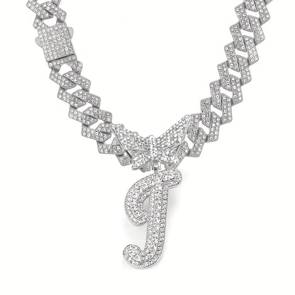 Initial Butterfly Pendant Cuban Link Chain Necklace Iced Out Rhinestone Chain Initial Letter Name Necklace