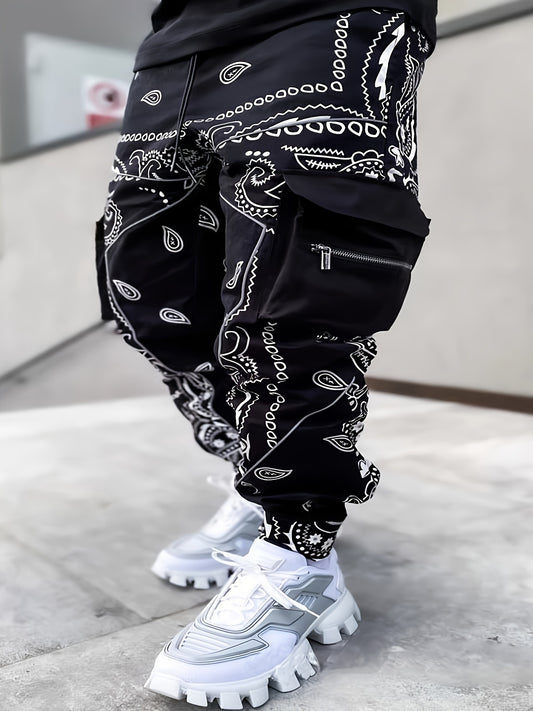 Mens Stylish Paisley Cargo Joggers - Comfortable Graphic Print