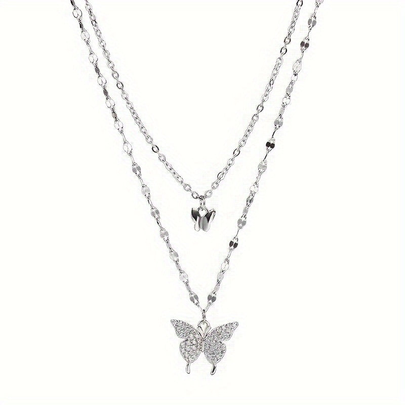 1 Pc  Rhinestone Butterfly Double Layers Necklace Shiny Silvery