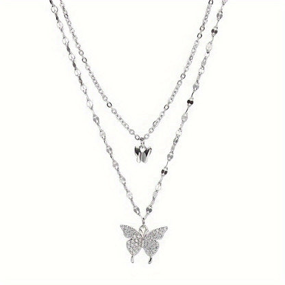 1 Pc  Rhinestone Butterfly Double Layers Necklace Shiny Silvery