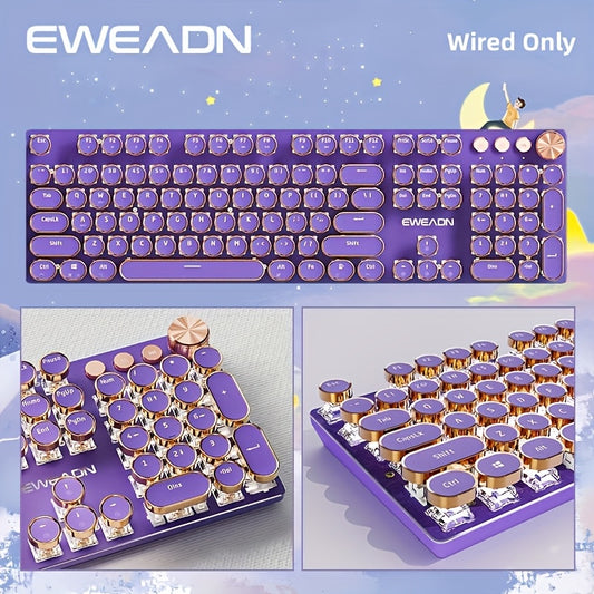 V20 Retro Typewriter Mechanical Gaming Keyboard - Full Size 104 Keys, Purple & Golden Vintage Design, LED Backlit, Pink Switches