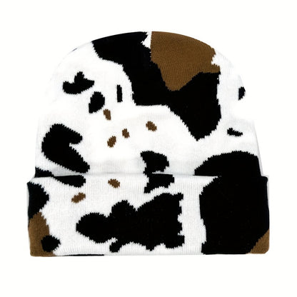 1pc Winter Cow Print  Beanie , Thicken Warm Skullies