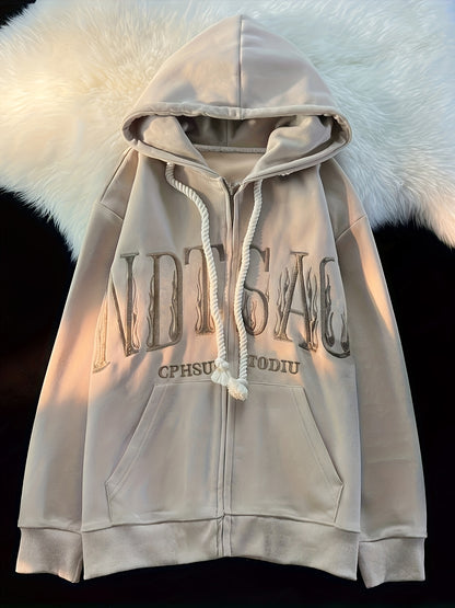 Womens Hooded Zip-up Drawstring Long Sleeve Casual Knit Jacket with Slant Pockets