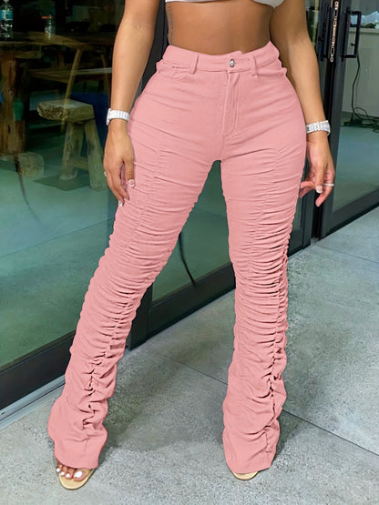 Women's High-Waisted Stretchy Ruched Pants - Light Grey Casual Tapered Leggings