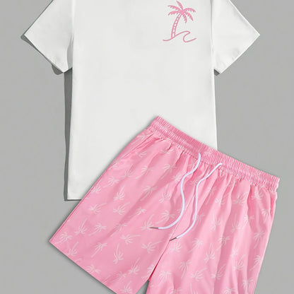 Mens Graphic T-shirt And Shorts Set - Classic Crew Neck, Vibrant Palm Tree Print, Ultra-Comfortable Fit - Stylish