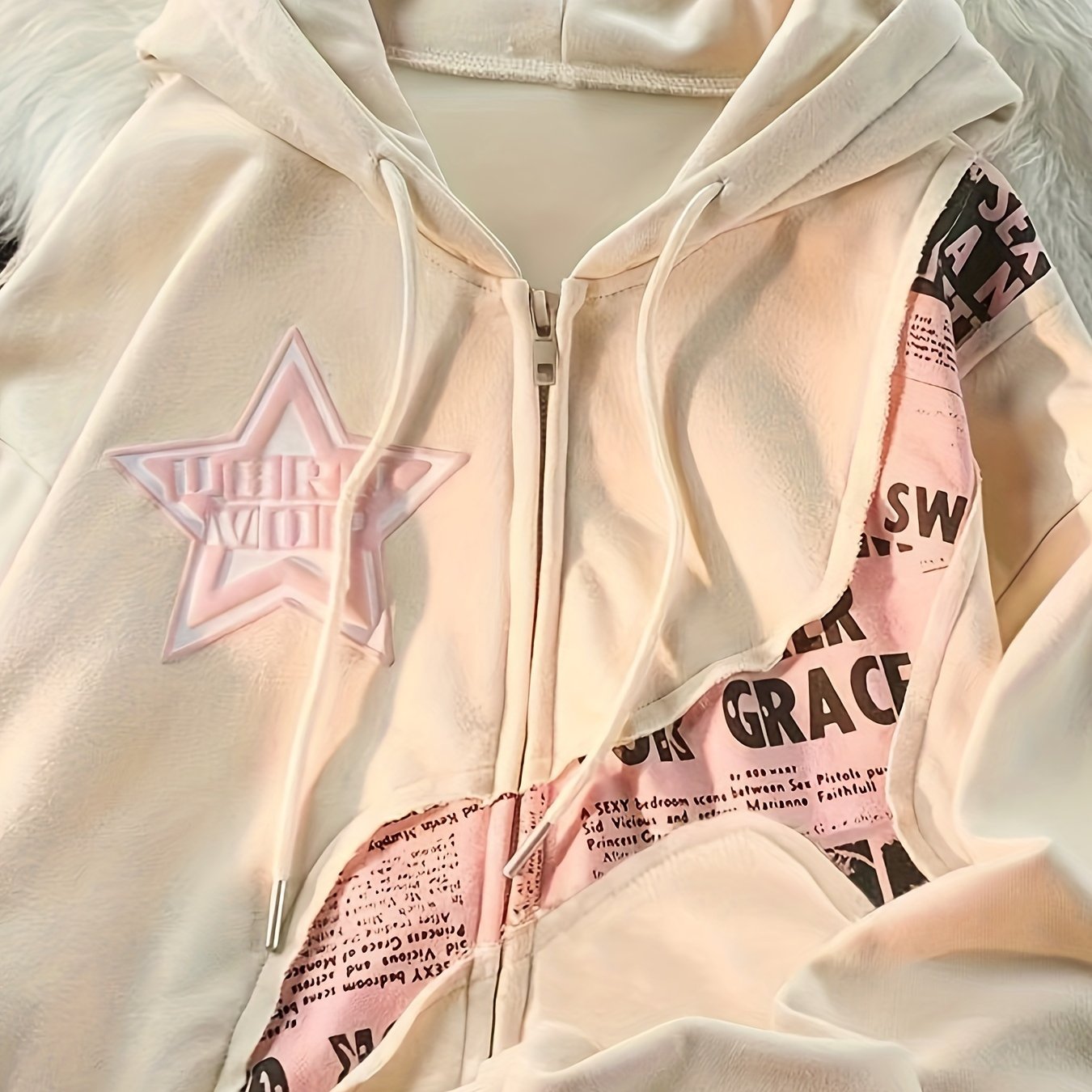 Y2K-Inspired Star & Letter Print Hoodie -  Long Sleeve Zip-Up Jacket for Women, Loose Fit with Asymmetrical Hem, Machine Washable