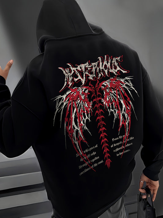 Gothic Letter And Pattern Graphic , Men's Cozy Drawstring Long Sleeve Thick Sweatshirt Hoodies