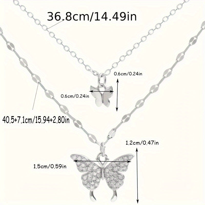 1 Pc  Rhinestone Butterfly Double Layers Necklace Shiny Silvery
