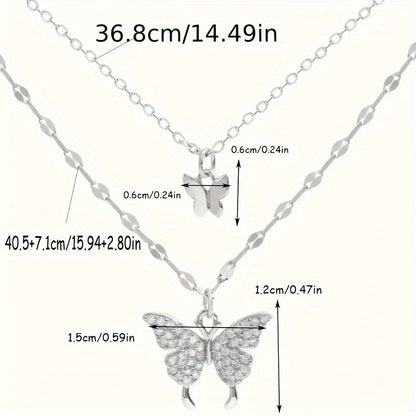 1 Pc  Rhinestone Butterfly Double Layers Necklace Shiny Silvery