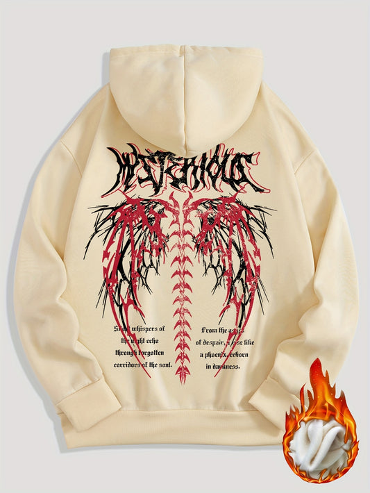 Gothic Letter And Pattern Graphic , Men's Cozy Drawstring Long Sleeve Thick Sweatshirt Hoodies