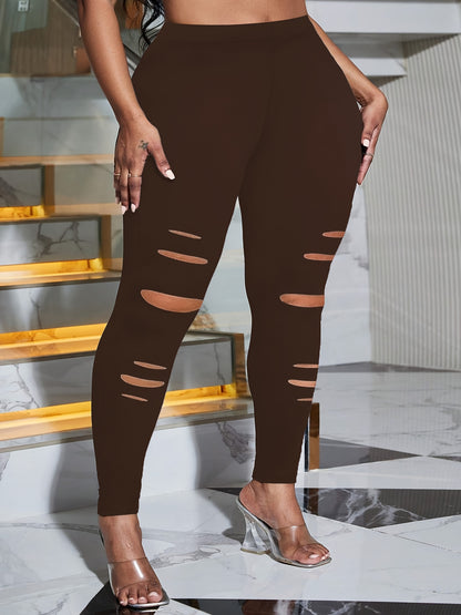 Plus Size Solid Color High Waist Leggings, High Stretch Skinny Ripped Leggings