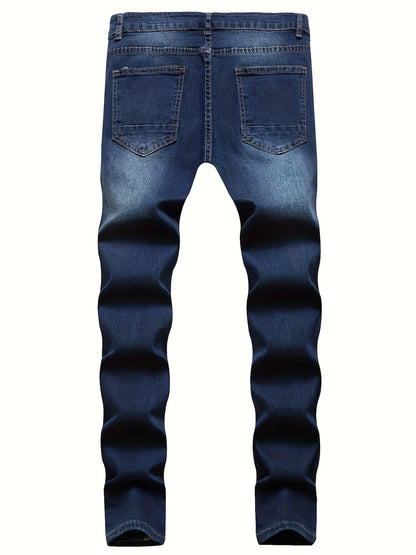 Mid Stretch Slim Fit Ripped Cotton Jeans, Men's Street Style Distressed Denim Pants