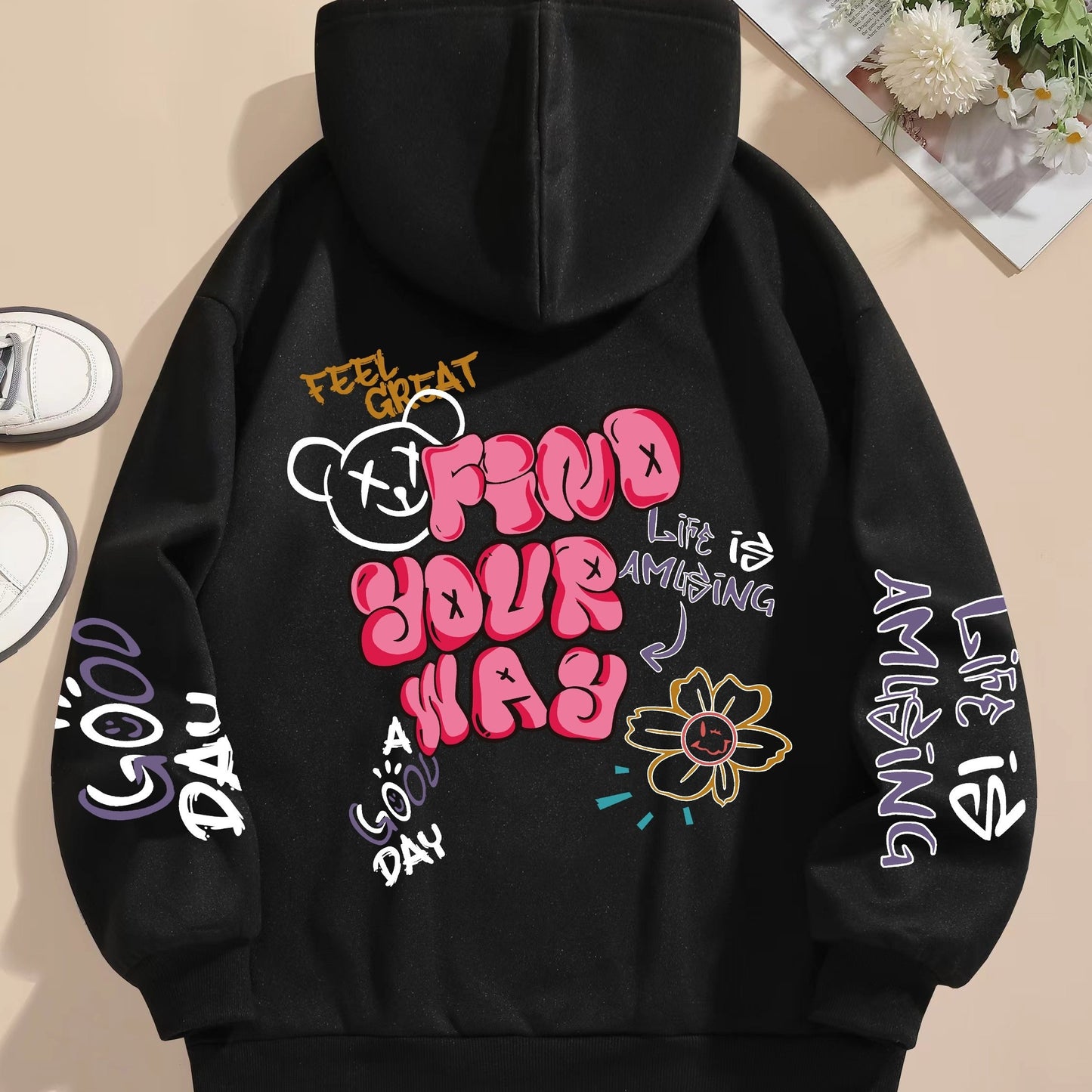 Graphic Vintage Hoodie - Soft Elasticity Polyester Drawstring Hooded Sweatshirt