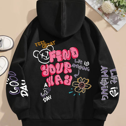 Graphic Vintage Hoodie - Soft Elasticity Polyester Drawstring Hooded Sweatshirt