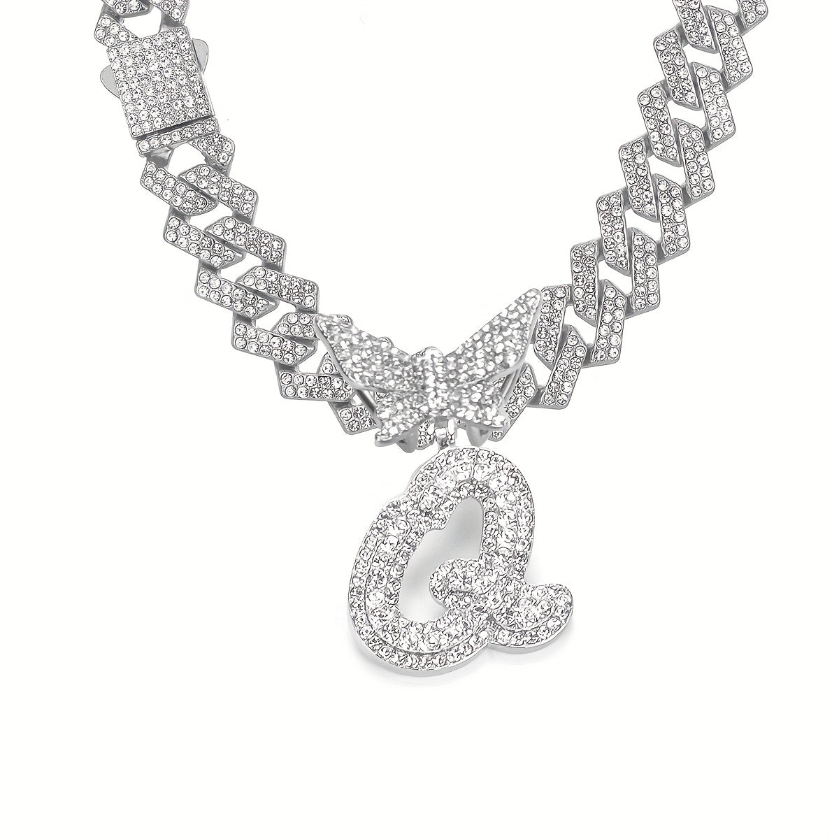Initial Butterfly Pendant Cuban Link Chain Necklace Iced Out Rhinestone Chain Initial Letter Name Necklace