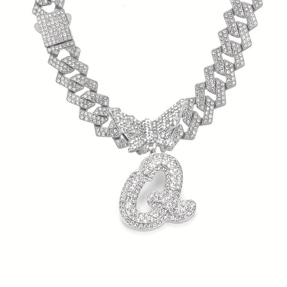 Initial Butterfly Pendant Cuban Link Chain Necklace Iced Out Rhinestone Chain Initial Letter Name Necklace