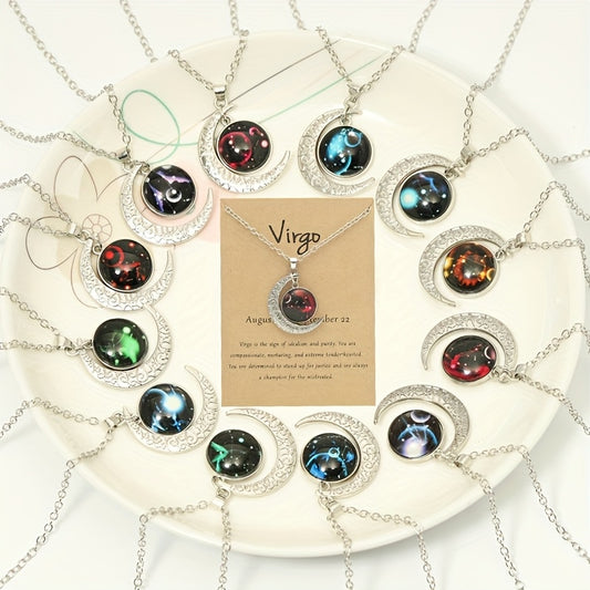 Glow-in-the-Dark Zodiac Necklace with Vintage Moon Pendant - Stylish Aquarius/Sagittarius/Leo/Leprechaun/Night & Sun Signs, Colorful Glass Charms, Zinc Alloy,