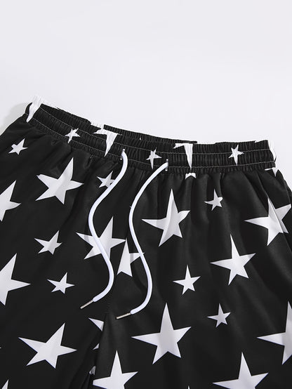 Men's Crew Neck Graphic T-shirt And Shorts Set With Stylish Star Print