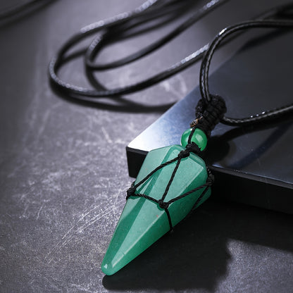 Stylish Men's Natural Amethyst Crystal Hexagonal Cone Pendant Necklace with Braided Rope