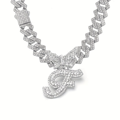 Initial Butterfly Pendant Cuban Link Chain Necklace Iced Out Rhinestone Chain Initial Letter Name Necklace