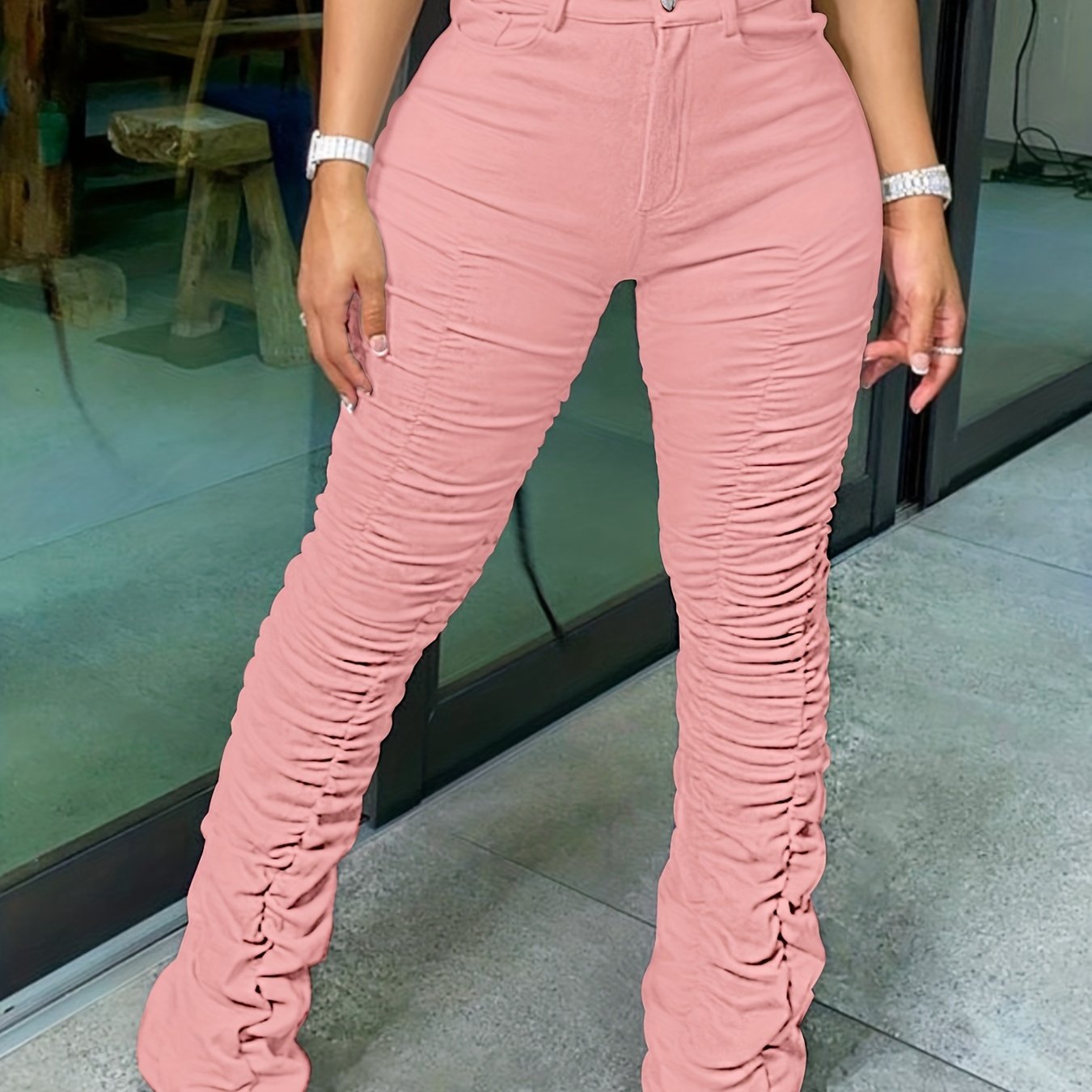 Women's High-Waisted Stretchy Ruched Pants - Light Grey Casual Tapered Leggings