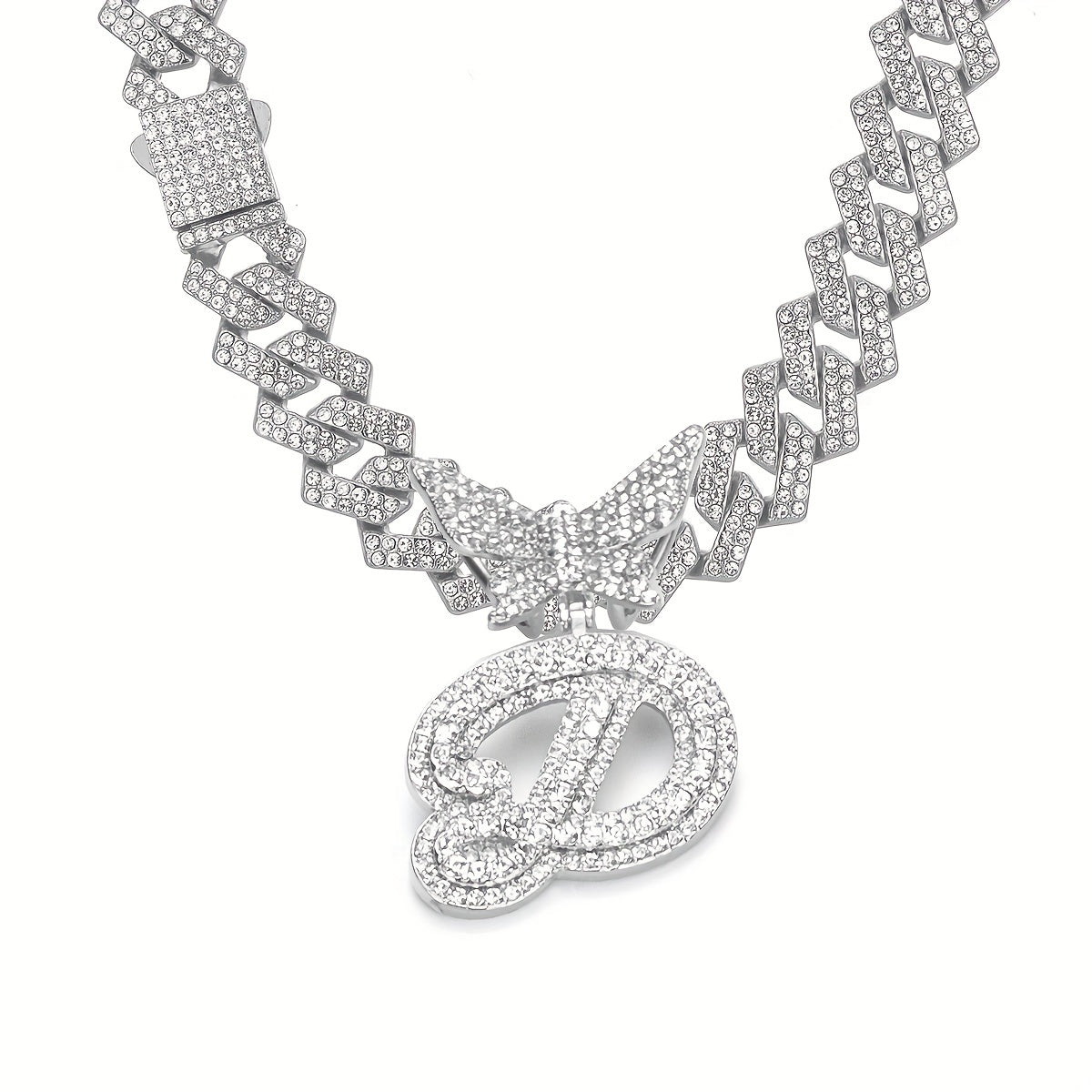 Initial Butterfly Pendant Cuban Link Chain Necklace Iced Out Rhinestone Chain Initial Letter Name Necklace