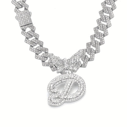Initial Butterfly Pendant Cuban Link Chain Necklace Iced Out Rhinestone Chain Initial Letter Name Necklace