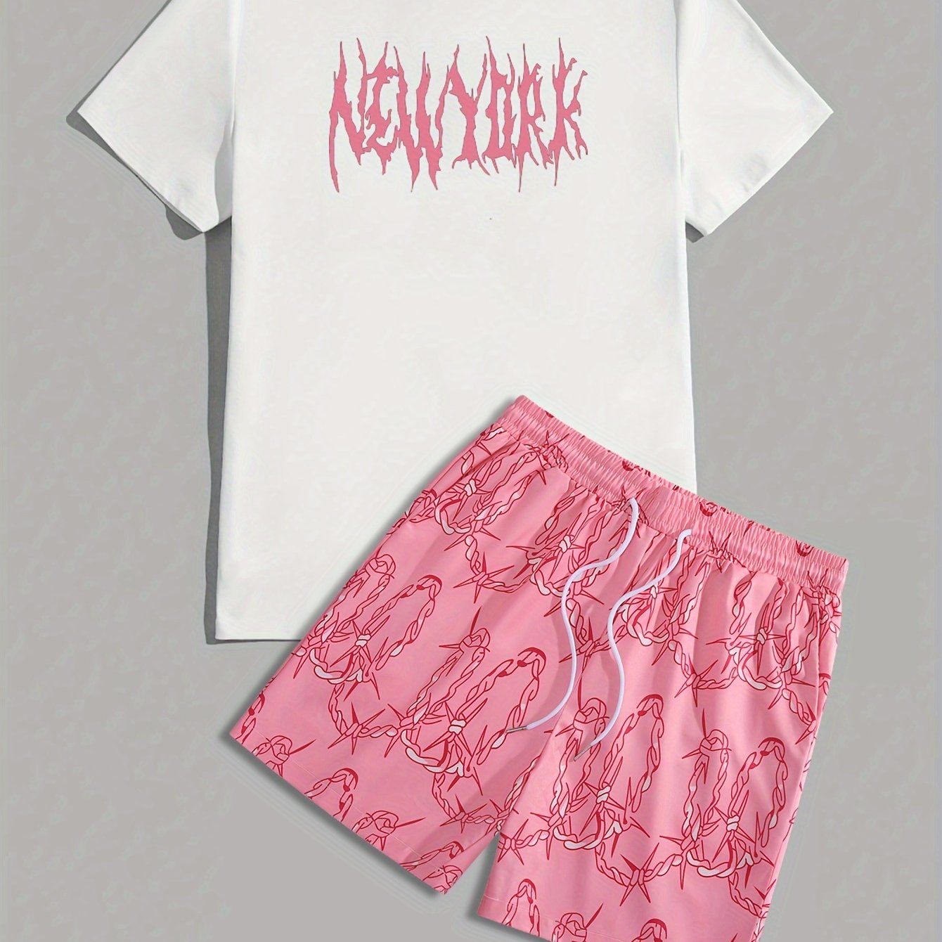 Men's T-Shirt & Shorts Set, Comfortable Crew Neck Tee With Stylish Print, Breathable Graphic Shorts With Drawstring
