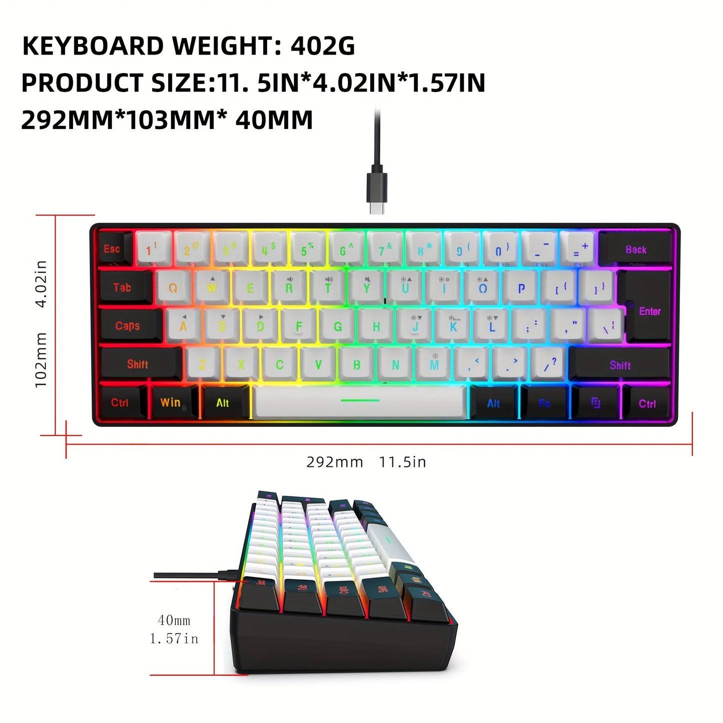 Wired Gaming Keyboard - Mini 61-Key, RGB Backlight, Suitable for PC/Mac