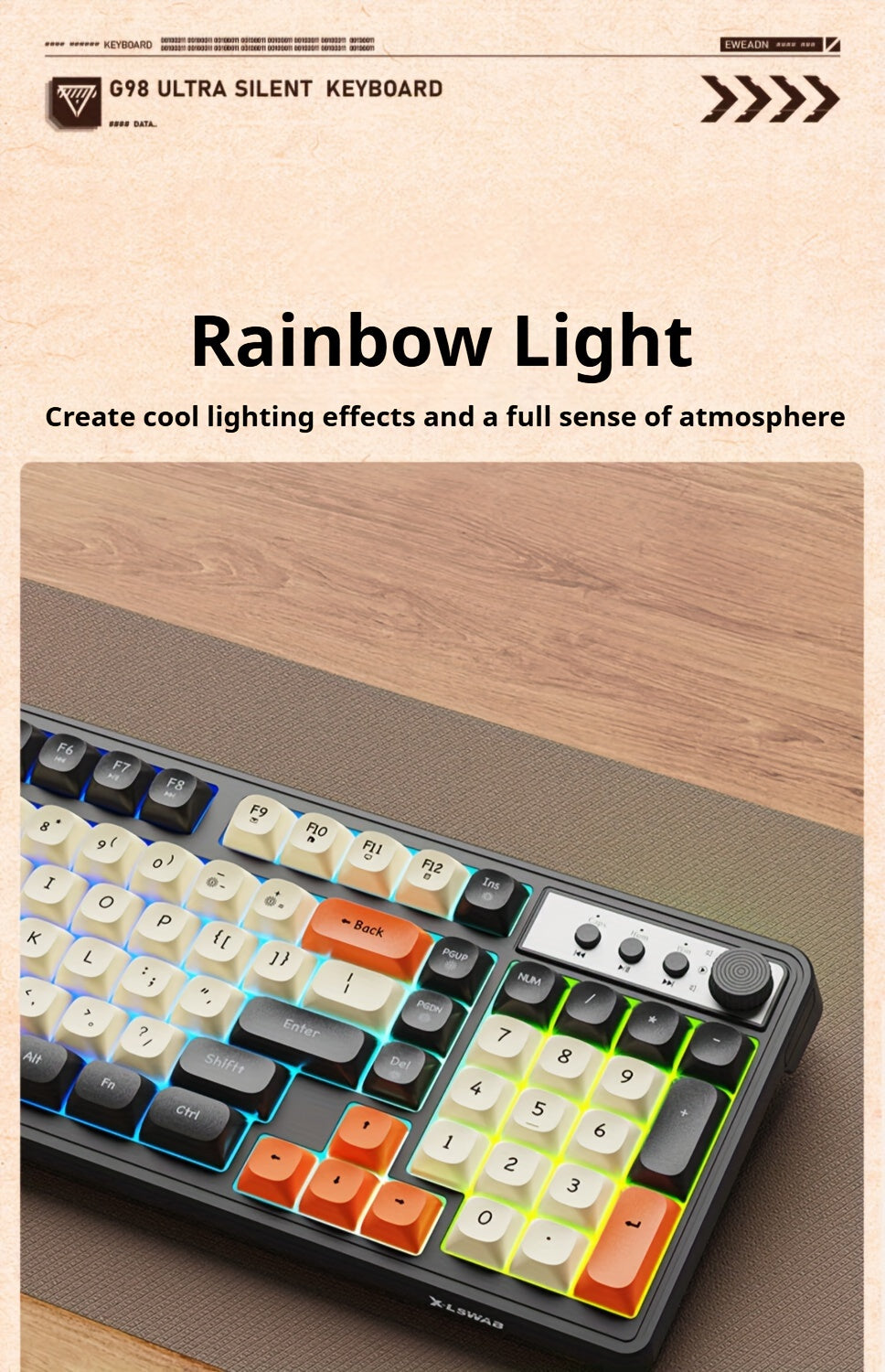 Wired Gaming Keyboard with Rainbow Backlit, Portable Black Keyboard for-98 Keys