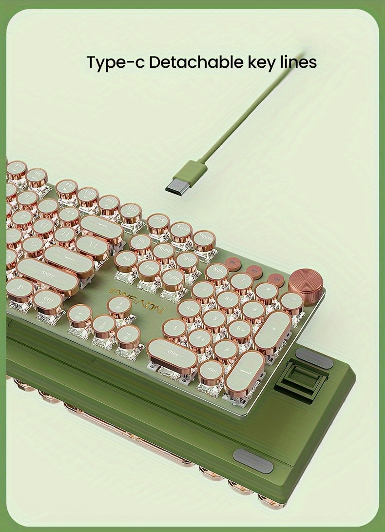 Typewriter Mechanical Gaming Keyboard, All-Metal Panel 104Keys Wired Retro Round Keycaps with LED Backlit USB Wired