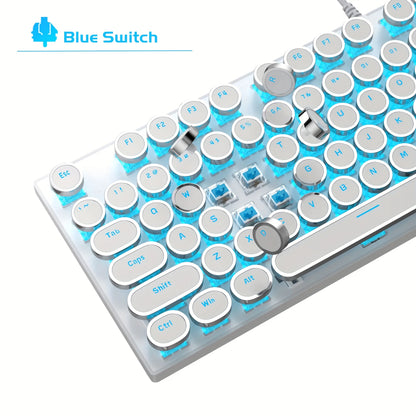 Mechanical Gaming Keyboard with Blue Switches - Round LED Backlit Keycaps, Wired USB Connectivity for Enhanced Gaming