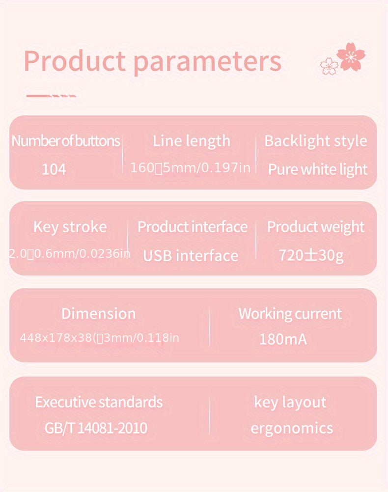 Pink Mechanical Keyboard with Blue Switches - Retro Keycaps, Backlit, USB-Powered for Gaming, Durable Design, No Battery Needed, Gaming Keyboard