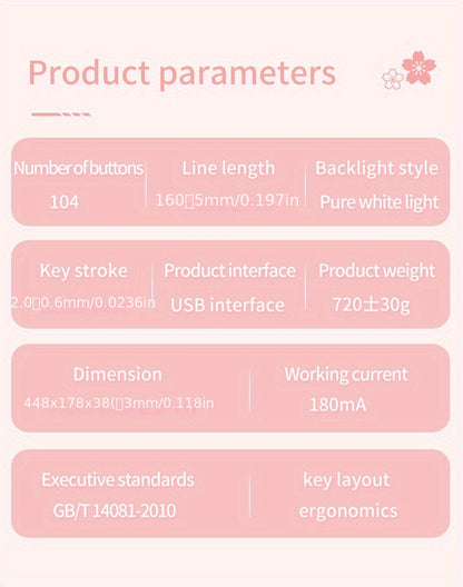 Pink Mechanical Keyboard with Blue Switches - Retro Keycaps, Backlit, USB-Powered for Gaming, Durable Design, No Battery Needed, Gaming Keyboard