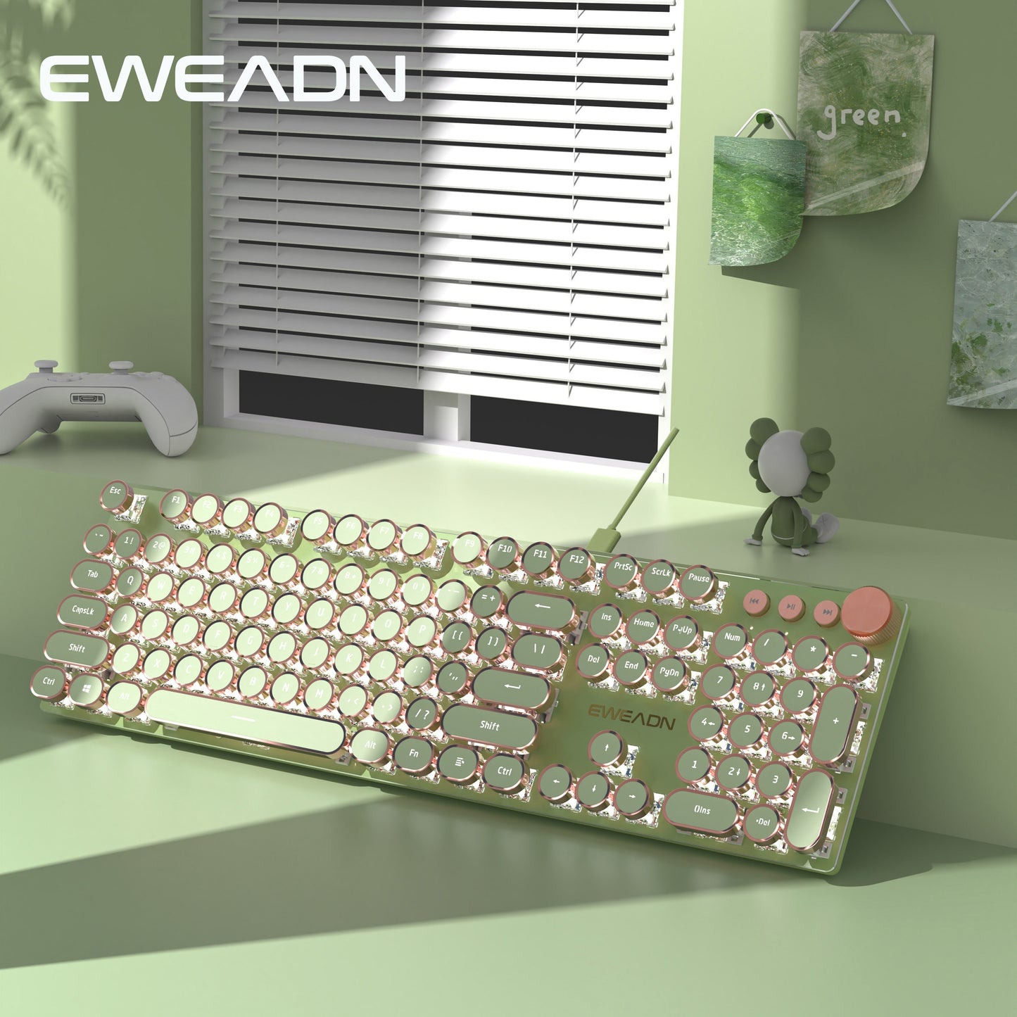 Typewriter Mechanical Gaming Keyboard, All-Metal Panel 104Keys Wired Retro Round Keycaps with LED Backlit USB Wired