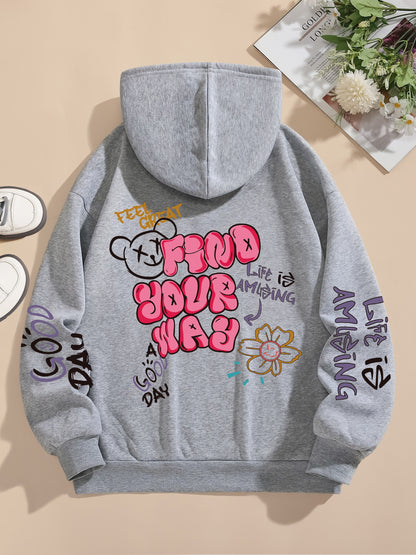 Graphic Vintage Hoodie - Soft Elasticity Polyester Drawstring Hooded Sweatshirt