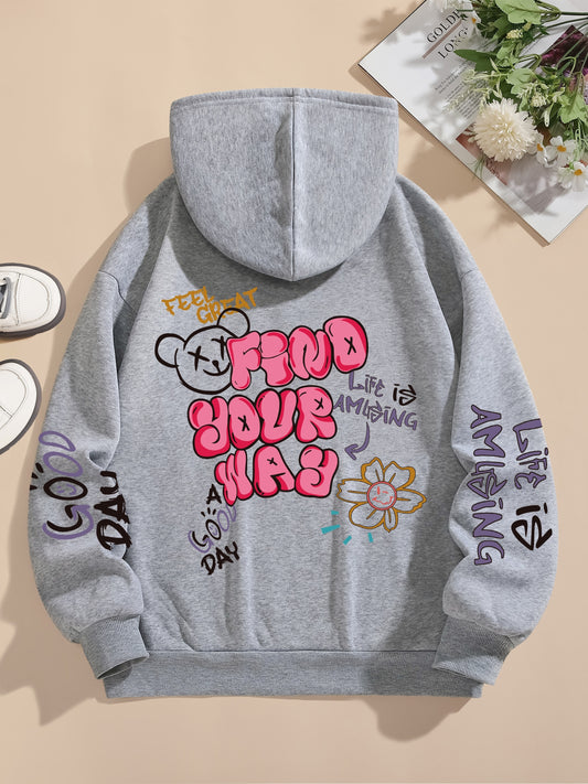 Graphic Vintage Hoodie - Soft Elasticity Polyester Drawstring Hooded Sweatshirt