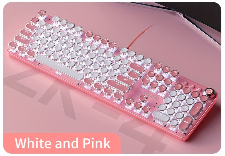 Pink Mechanical Keyboard with Blue Switches - Retro Keycaps, Backlit, USB-Powered for Gaming, Durable Design, No Battery Needed, Gaming Keyboard