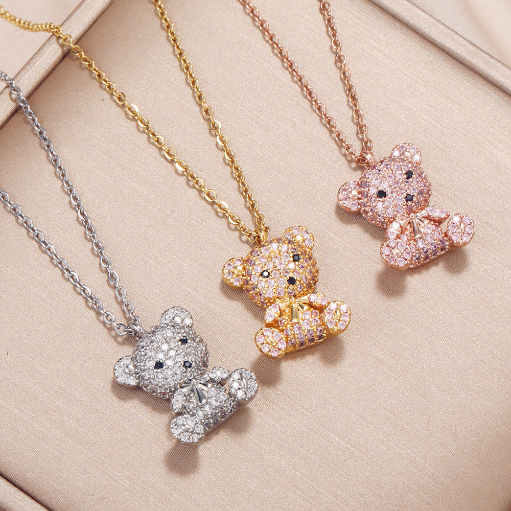 Vibrant Full Rhinestone Bear Pendant Necklace - Y2K Inspired Jewelry