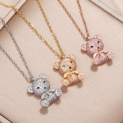 Vibrant Full Rhinestone Bear Pendant Necklace - Y2K Inspired Jewelry