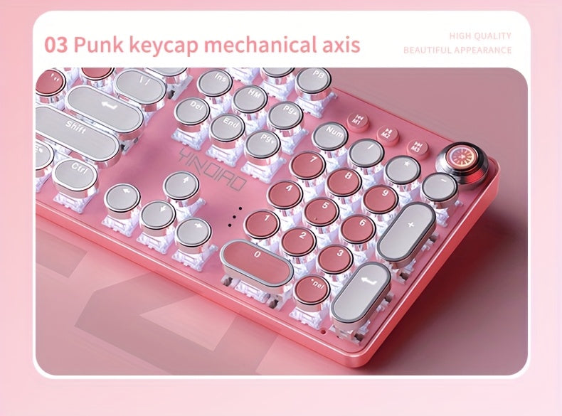 Pink Mechanical Keyboard with Blue Switches - Retro Keycaps, Backlit, USB-Powered for Gaming, Durable Design, No Battery Needed, Gaming Keyboard