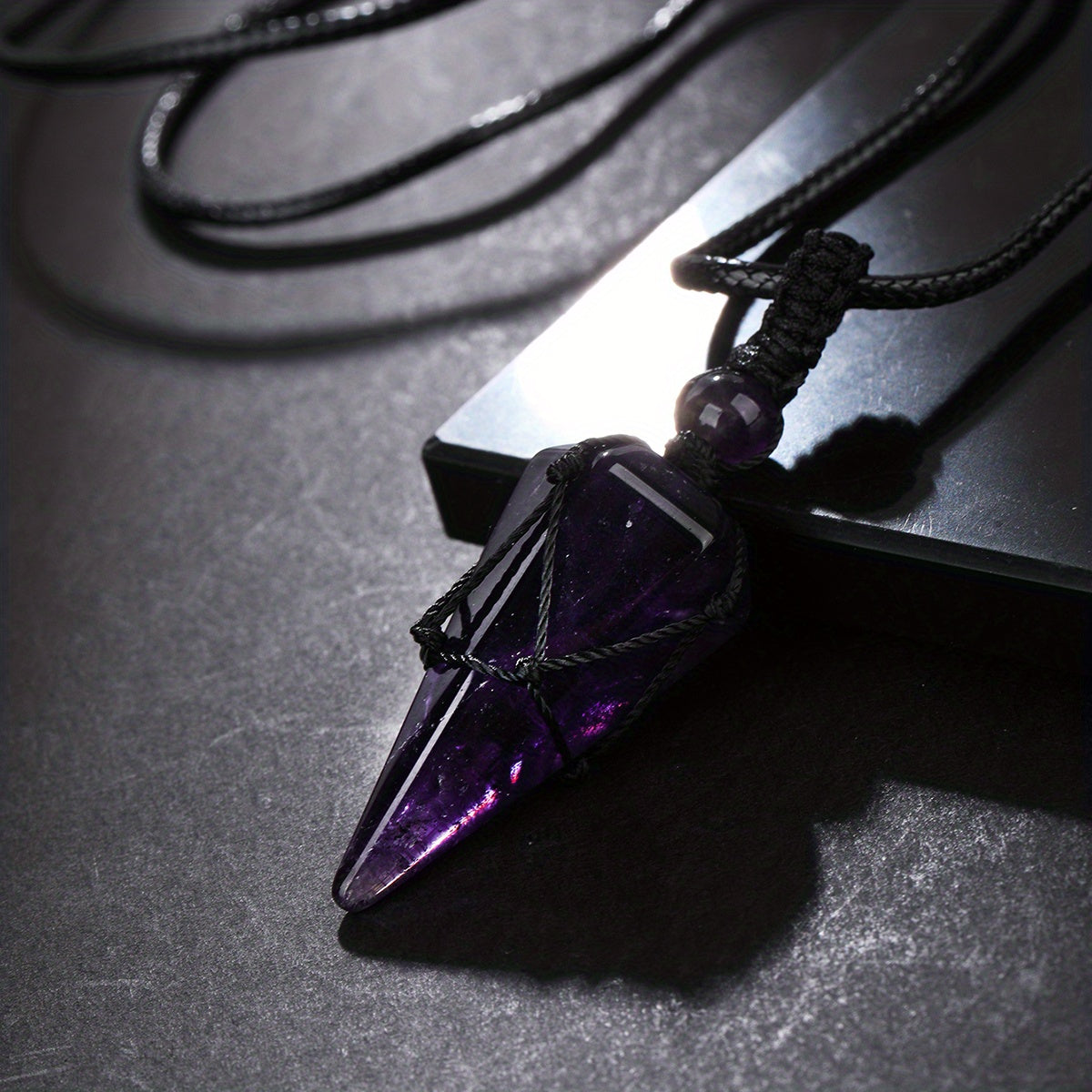 Stylish Men's Natural Amethyst Crystal Hexagonal Cone Pendant Necklace with Braided Rope