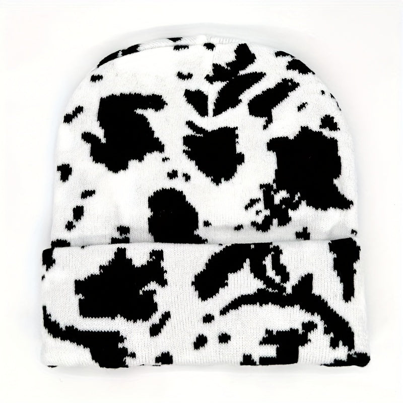 1pc Winter Cow Print  Beanie , Thicken Warm Skullies