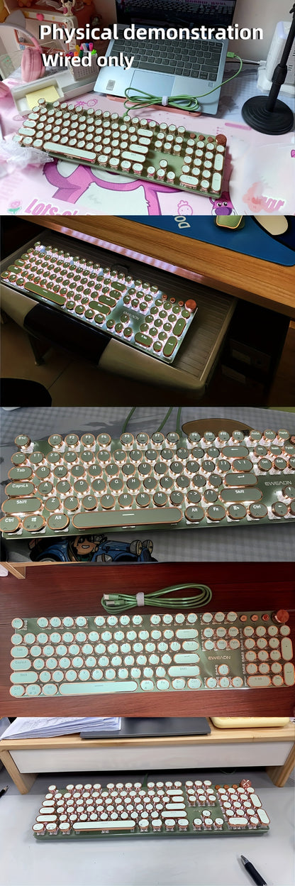 Typewriter Mechanical Gaming Keyboard, All-Metal Panel 104Keys Wired Retro Round Keycaps with LED Backlit USB Wired