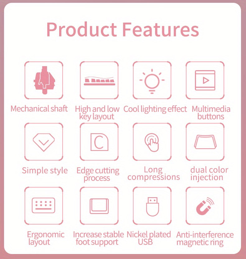 Pink Mechanical Keyboard with Blue Switches - Retro Keycaps, Backlit, USB-Powered for Gaming, Durable Design, No Battery Needed, Gaming Keyboard