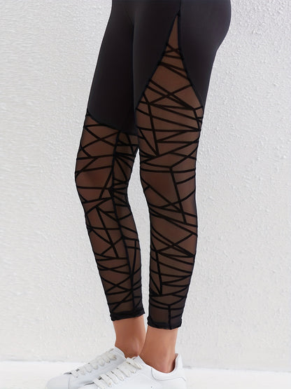 Solid High Waist Contrast Mesh Leggings, Elegant Skinny Leggings