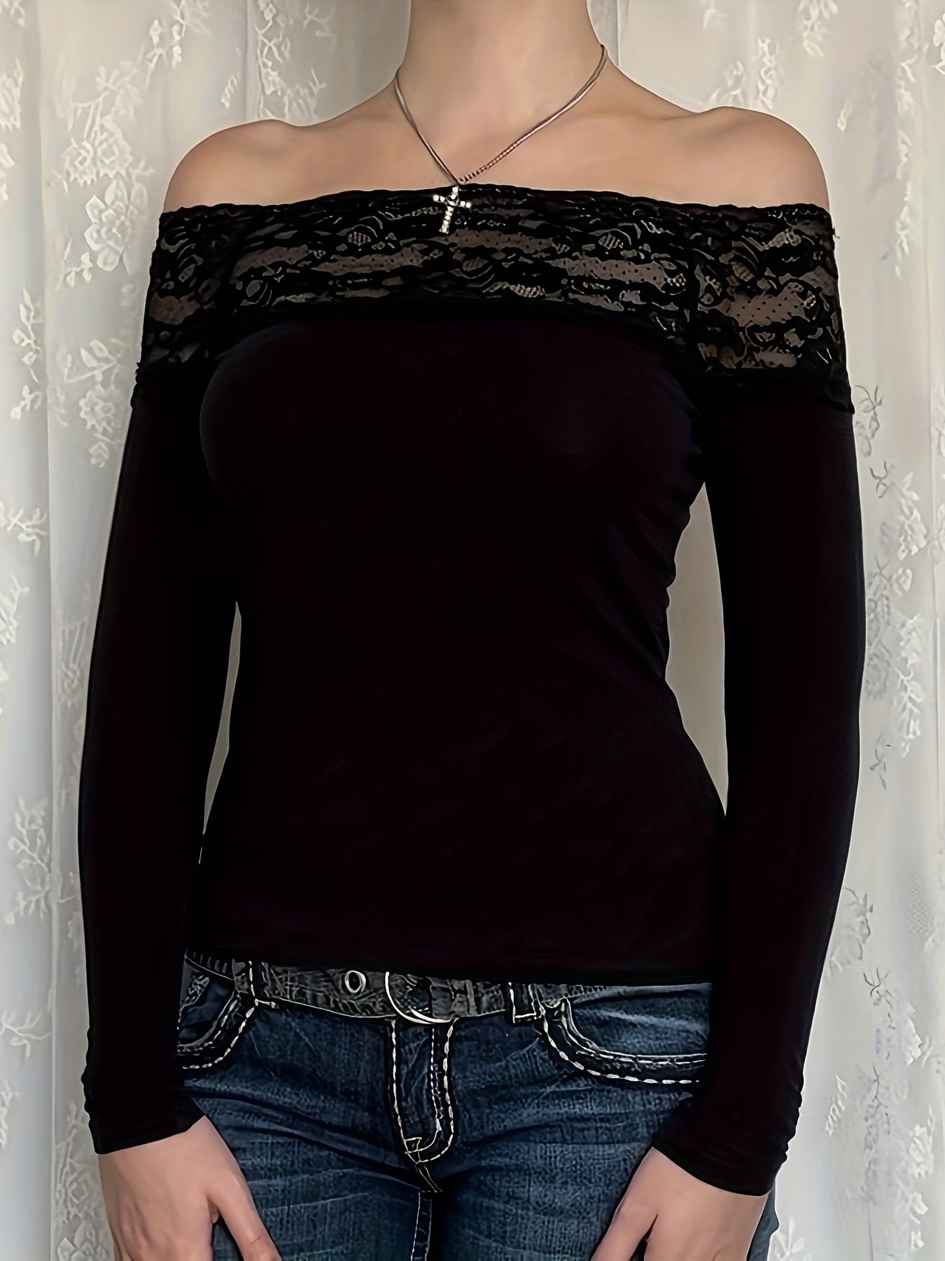 Y2K Elegant Lace Stitching One-Shoulder Fit Long Sleeve Top for Targeted