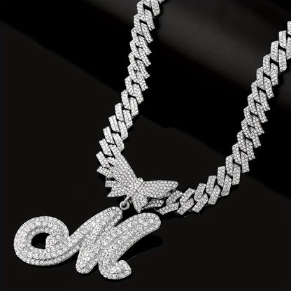 Initial Butterfly Pendant Cuban Link Chain Necklace Iced Out Rhinestone Chain Initial Letter Name Necklace
