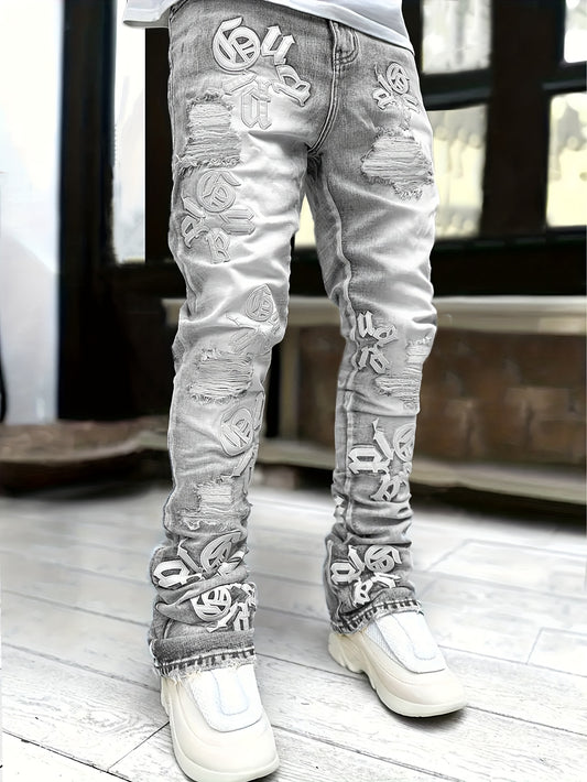 Men's Fashion  Denim Jeans, Loose Fit, Non-Stretch Cotton Blend, Regular Length Pants with Distressed Detail
