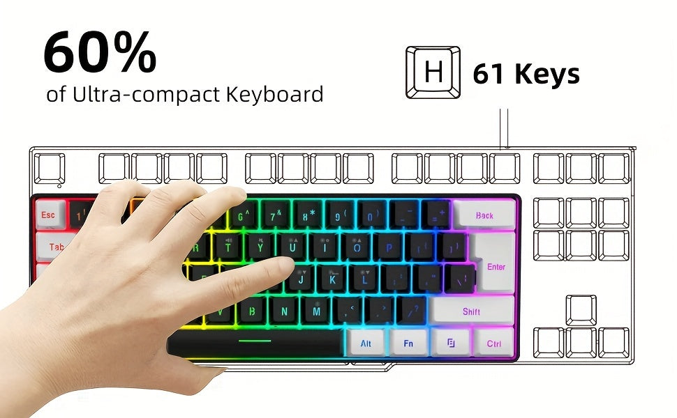 Wired Gaming Keyboard - Mini 61-Key, RGB Backlight, Suitable for PC/Mac